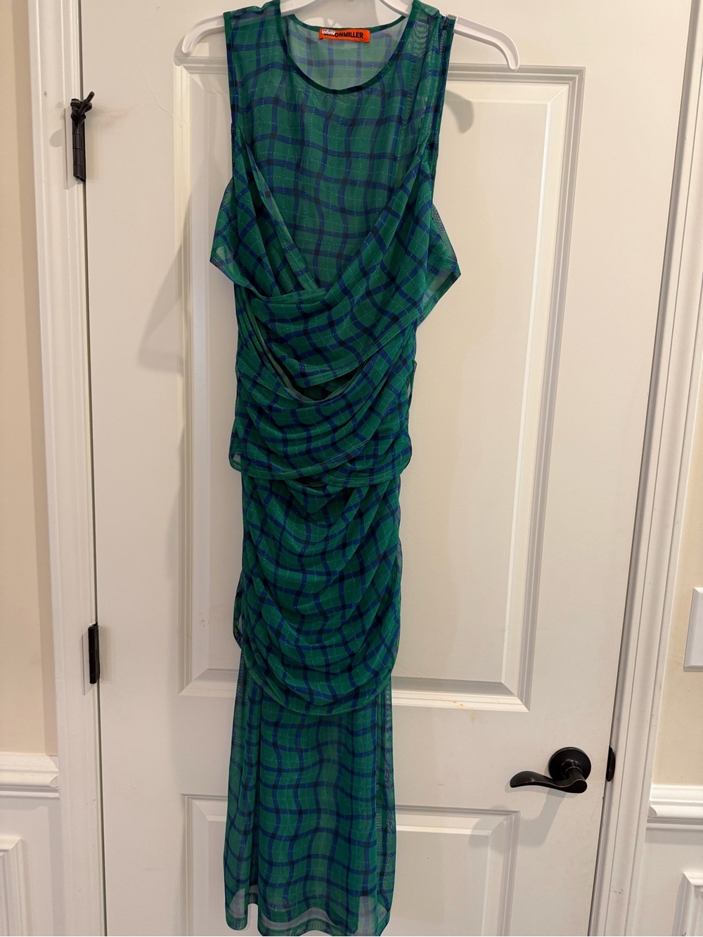 Simon Miller Kinny Ruched Plaid Mesh Midi Dress Anthropologie Green Blue- Size L - Picture 13 of 13
